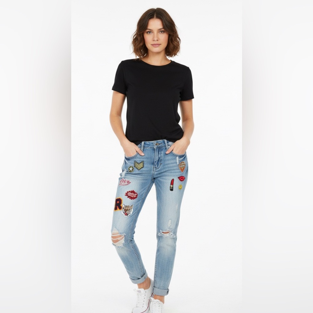 Indigo Rein Light Blue Patchwork Boyfriend Jeans